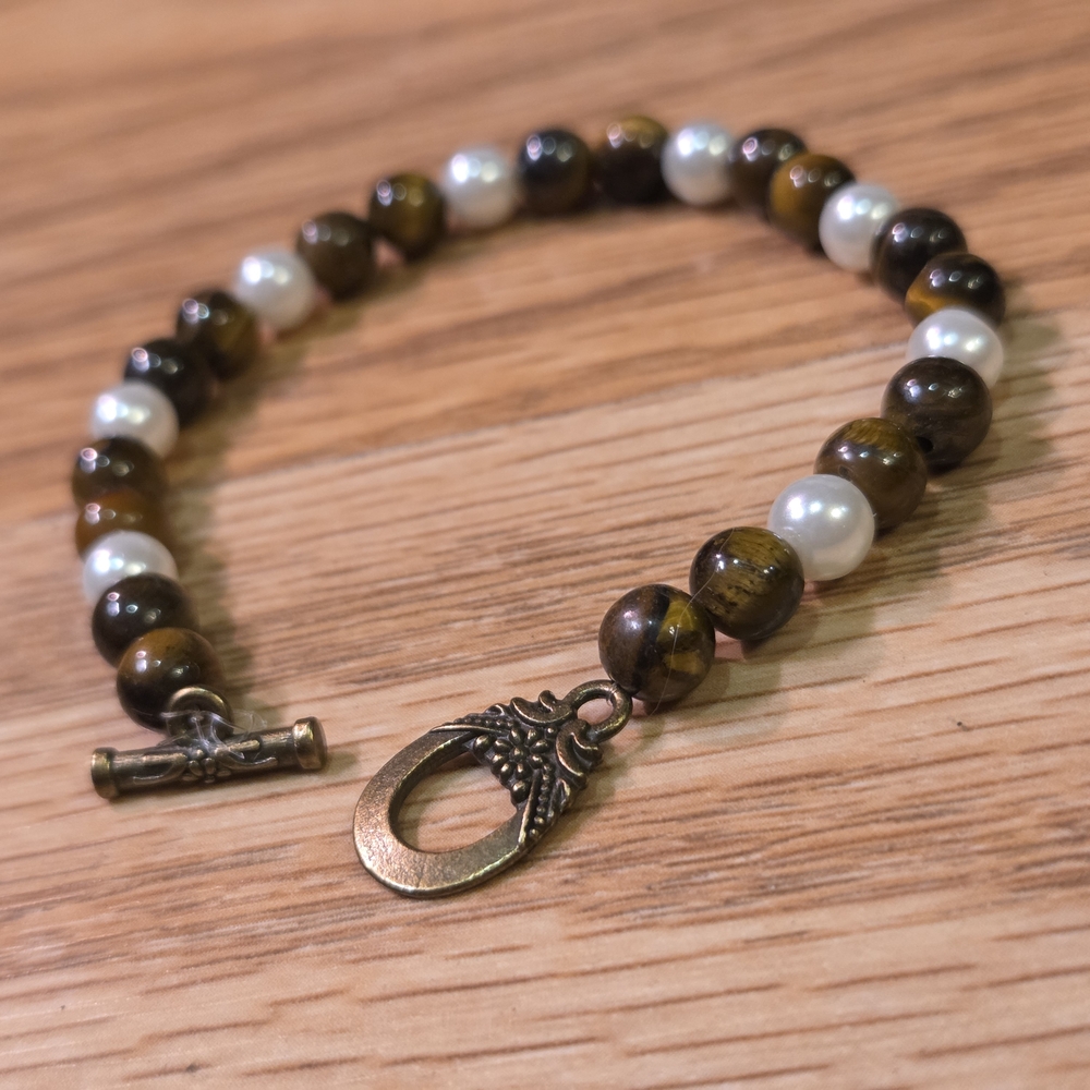 Handmade Tiger’s Eye & Pearl Beaded Bracelet | Antique Bronze Toggle Clasp